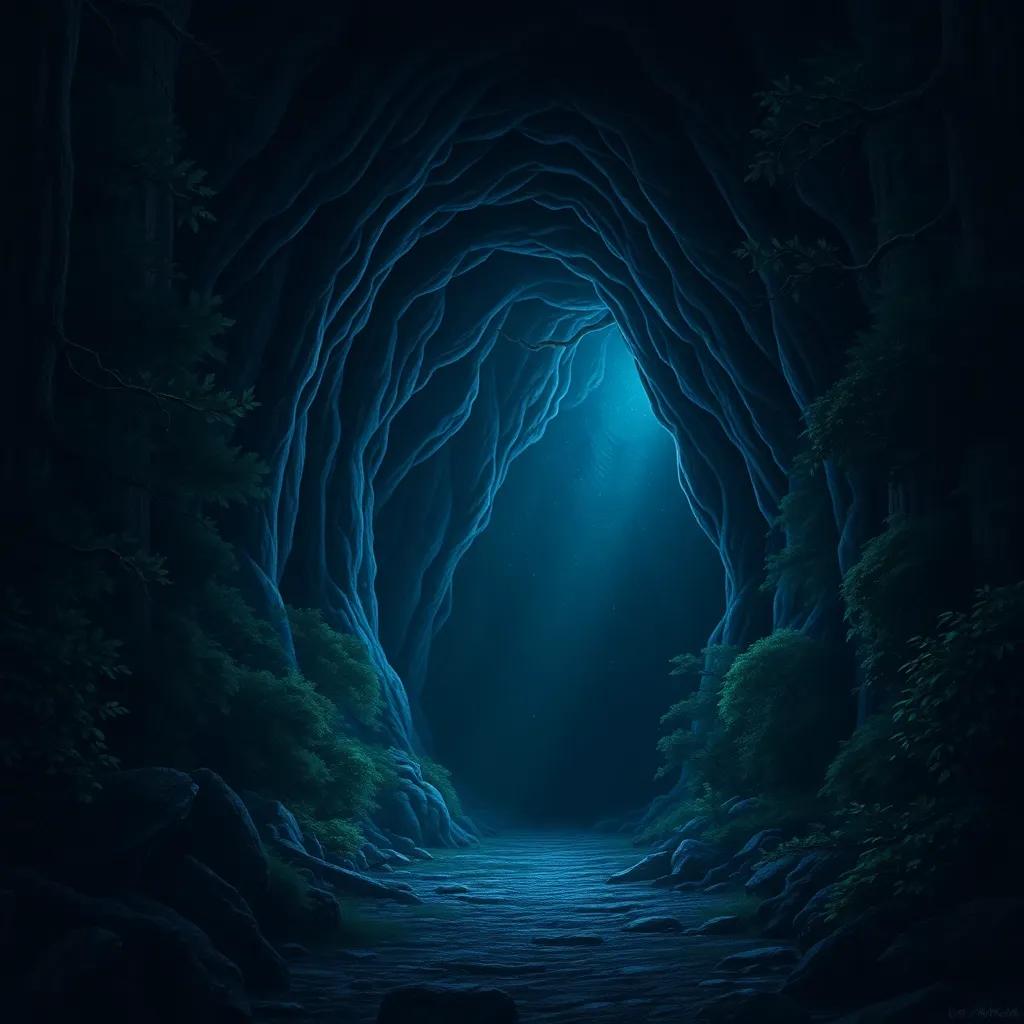A dark cave entrance surrounded by dense trees with light shining from inside, depicting a sense of mystery, digital painting, dark and inviting, high quality