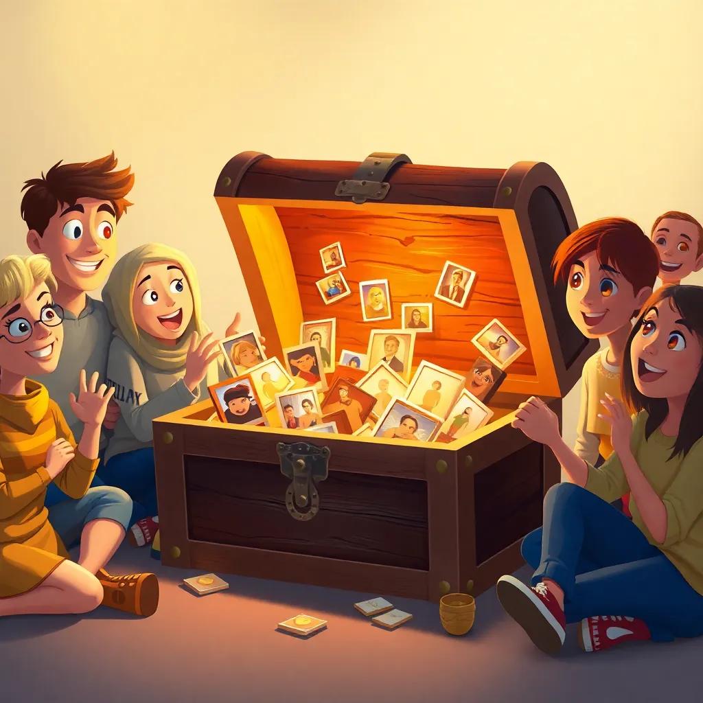 The treasure chest filled with memories and photographs instead of gold, surrounded by the friends looking amazed and joyful, digital painting, warm light, heartwarming scene, inviting