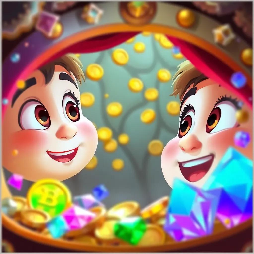 صندوق كنز قديم مفتوح أمام الأطفال، gleaming gold coins and gemstones inside, their eyes wide with disbelief and joy, colorful scene filled with wonder, detailed digital art