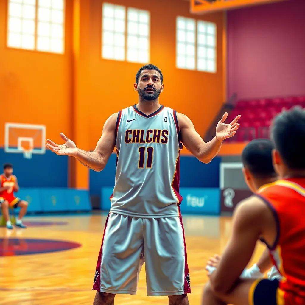A professional coach, يوسف, a confident Arab man in his 30s, wearing a basketball jersey and shorts, standing in a gym, passionately addressing his team, digital art, vibrant colors, motivational atmosphere, high quality