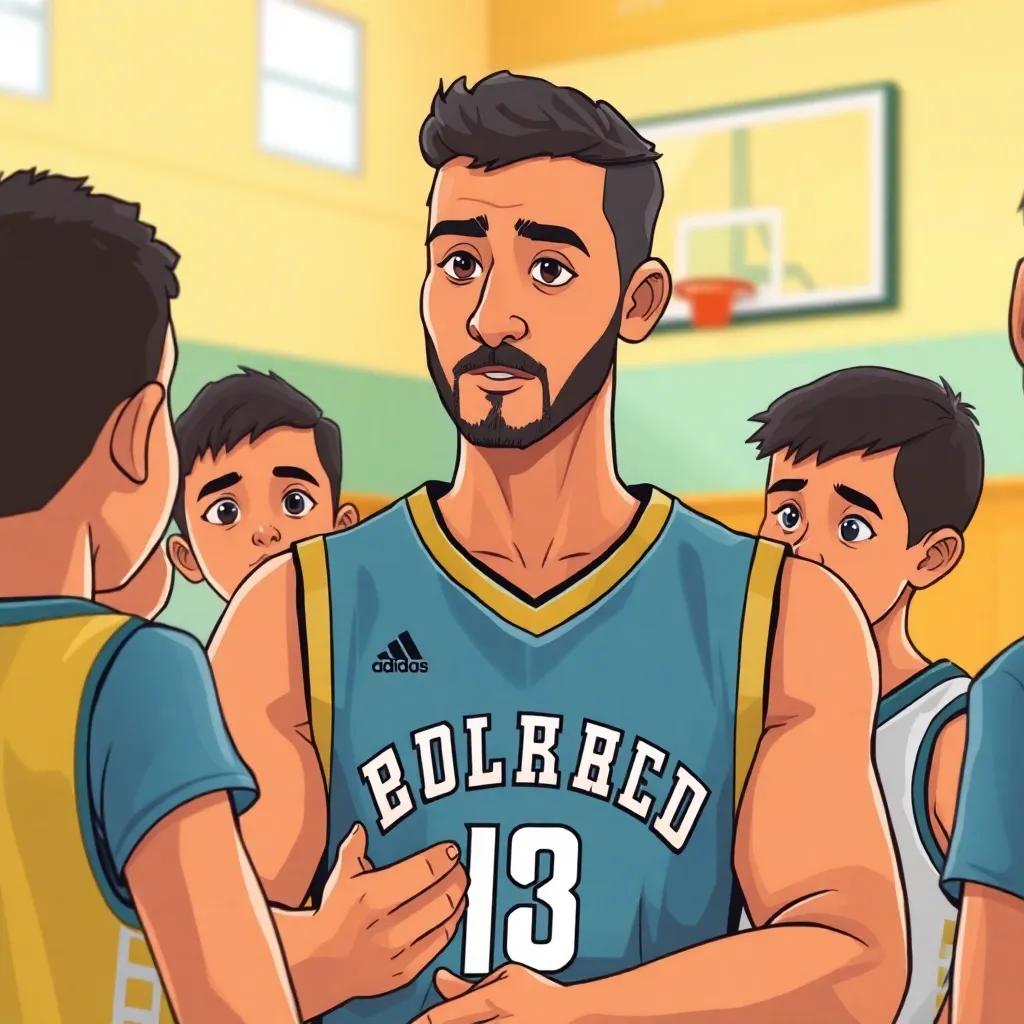 يوسف, a professional coach, a confident Arab man in his 30s wearing a basketball jersey, sharing stories with a group of attentive young players, serious expressions, bright gym setting, illustration, engaging, eye-opening scene, child-friendly