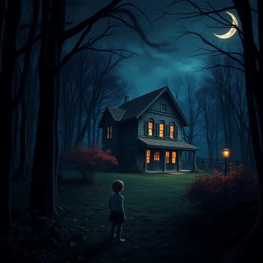 A dark forest at night with a spooky old cottage in the background, crescent moon shining, children peeking towards the cottage, a sense of excitement and fear, digital art, vibrant colors, mysterious atmosphere