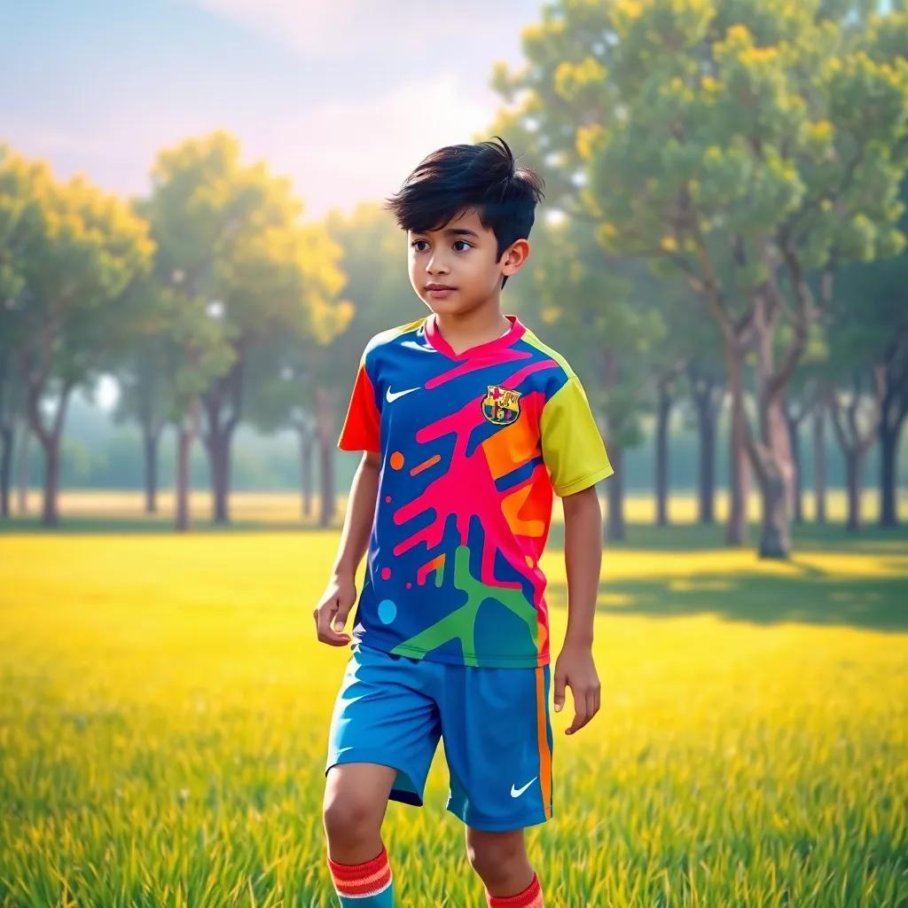 A young boy, Sami, with short black hair, wearing a vibrant sports jersey and shorts, practicing soccer on a grassy field filled with trees, digital art, bright colors, energetic atmosphere, high quality