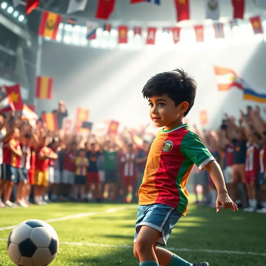 Sami, a young boy with short black hair in a colorful sports jersey and shorts, playing soccer in front of a cheering crowd, surrounded by banners and flags, dynamic composition, lively, celebration atmosphere, high quality
