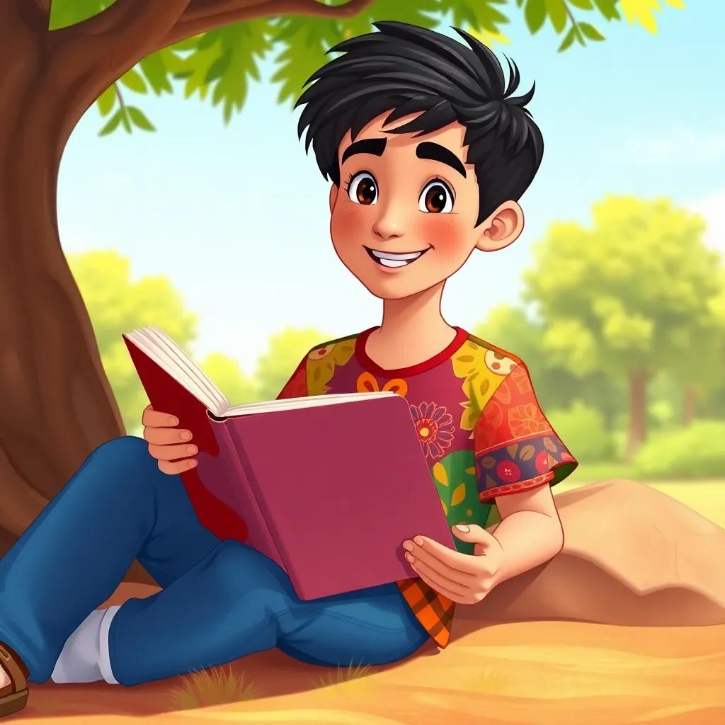 A young Arab boy, Ali, with short black hair, wearing a colorful shirt and jeans, sitting under a tree with a big book, smiling and reading, bright sunny day, cheerful atmosphere, digital art, warm colors, child-friendly
