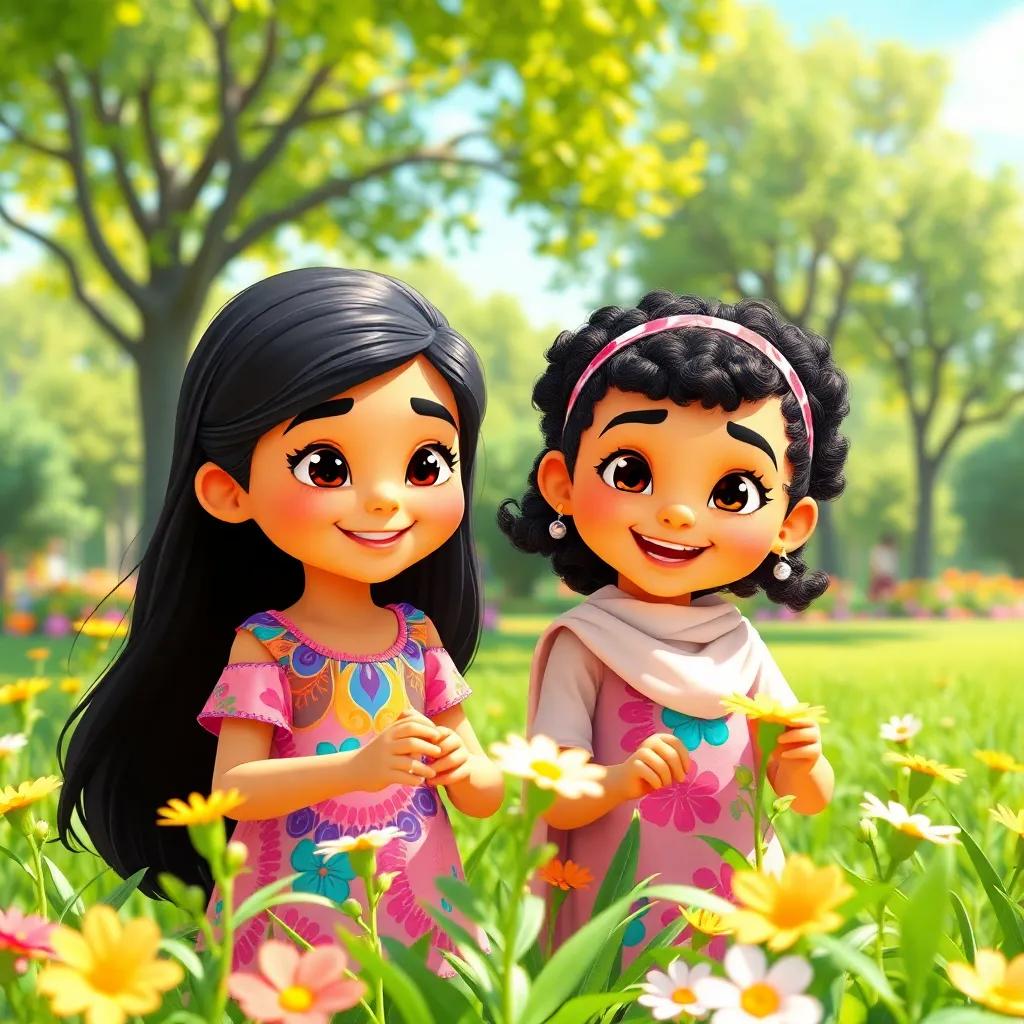 A sunny day in a bright green park, with two young Arab girls, Lama and Amal, cheerful and smiling. Lama has long dark hair wearing a colorful dress, and Amal has short curly hair with a cute headband, exploring flowers, vibrant colors, cheerful atmosphere, digital art, high quality
