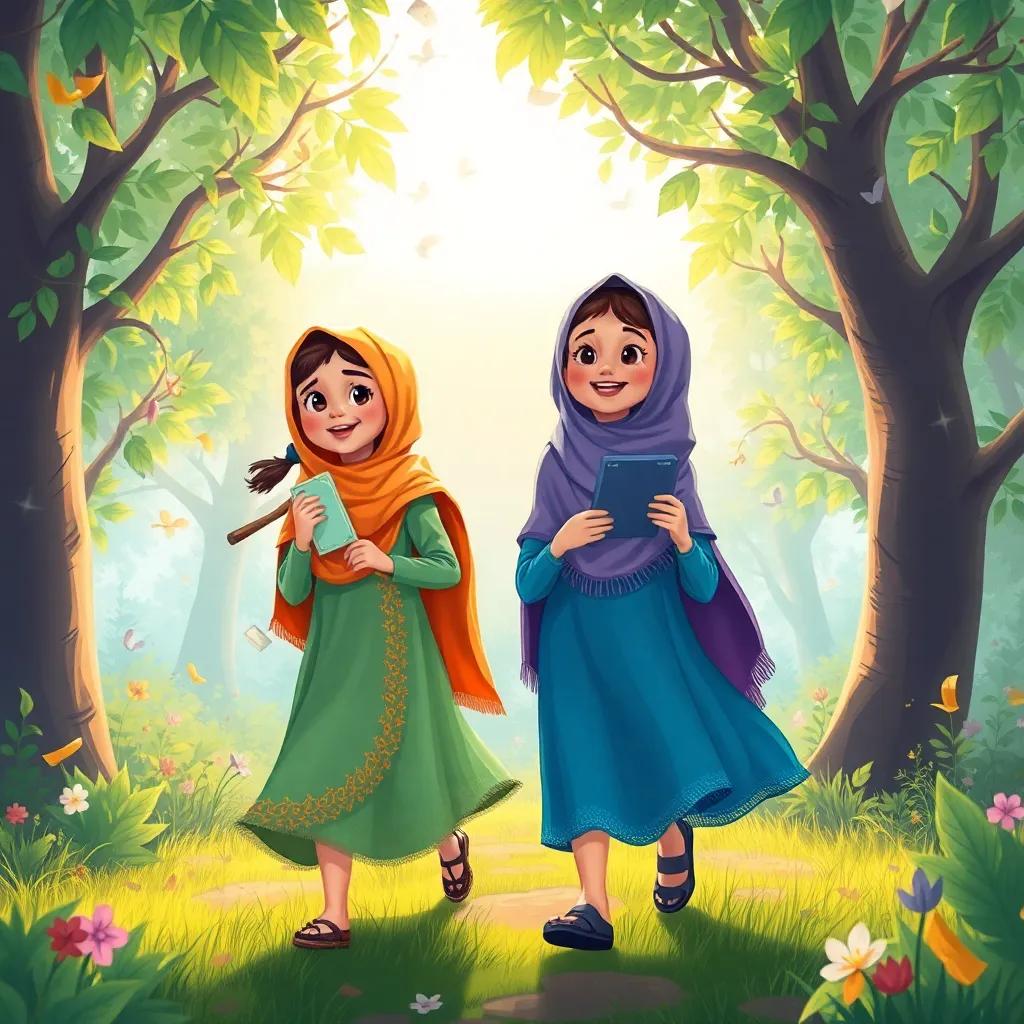 Two young Arab girls, Lama and Amal, walking through a magical forest, discovering letters in the trees. The sun is shining through the leaves, and their laughter fills the air, colorful illustration, fairy-tale style, fun and adventurous mood, digital painting