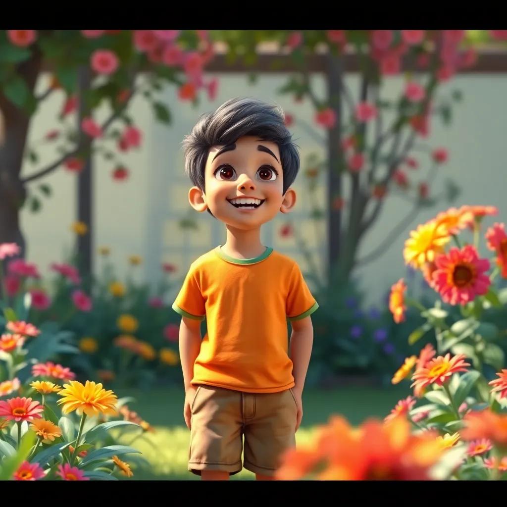A young Arab boy, Ali, wearing a bright t-shirt and shorts, standing in a garden with colorful flowers, talking excitedly to his friend, cheerful atmosphere, digital art, vibrant colors, warm light, engaging scene, high quality