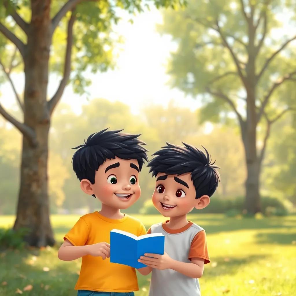 Ali, a young Arab boy, with short black hair wearing a bright t-shirt, explaining the concept of letters to his friend Ahmad in a sunny park, surrounded by trees, joyful ambiance, illustration, kid-friendly style, soft focus