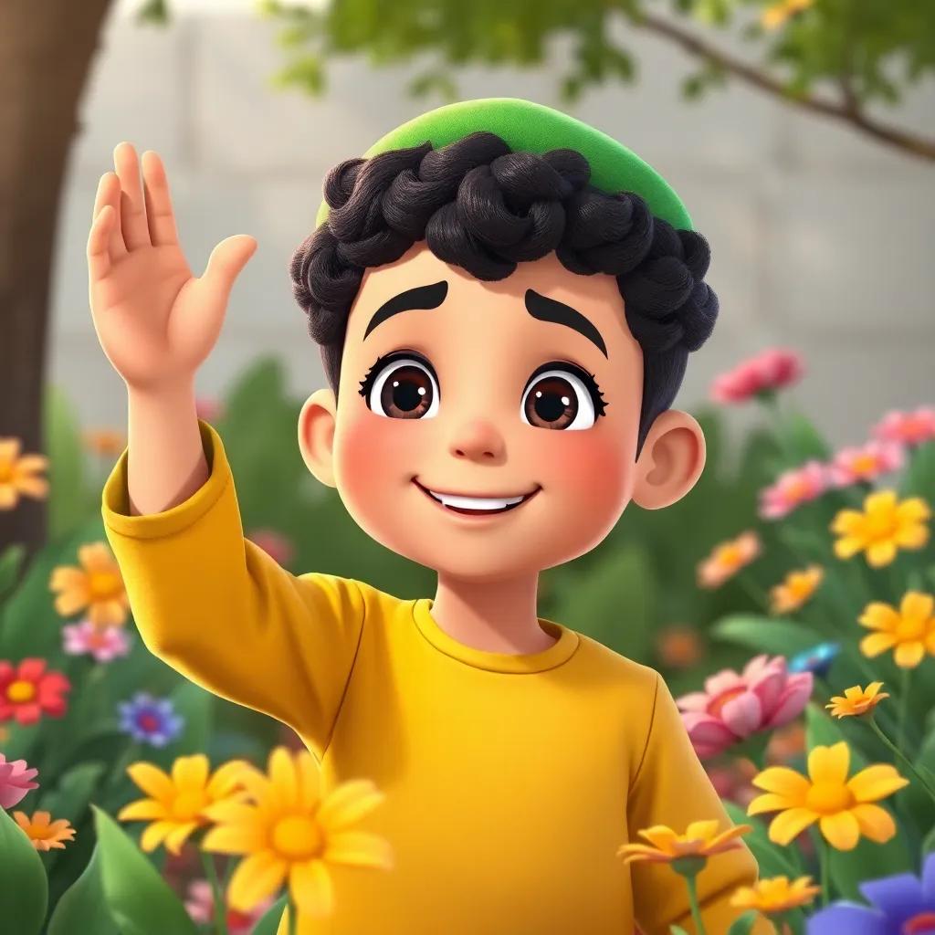 Ahmad, a young Arab boy, with curly hair and a green cap, raising his hand to ask a question in a garden, colorful flowers around him, smiling expression, playful mood, cartoon-style, bright colors