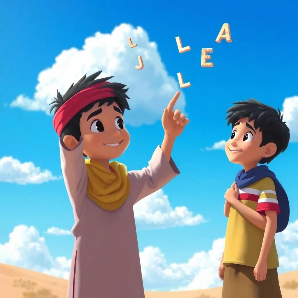 Ali, a young Arab boy, pointing to the sky while explaining letters to Ahmad, blue sky with fluffy clouds, lively environment, cheerful feel, digital painting, high contrast, engaging