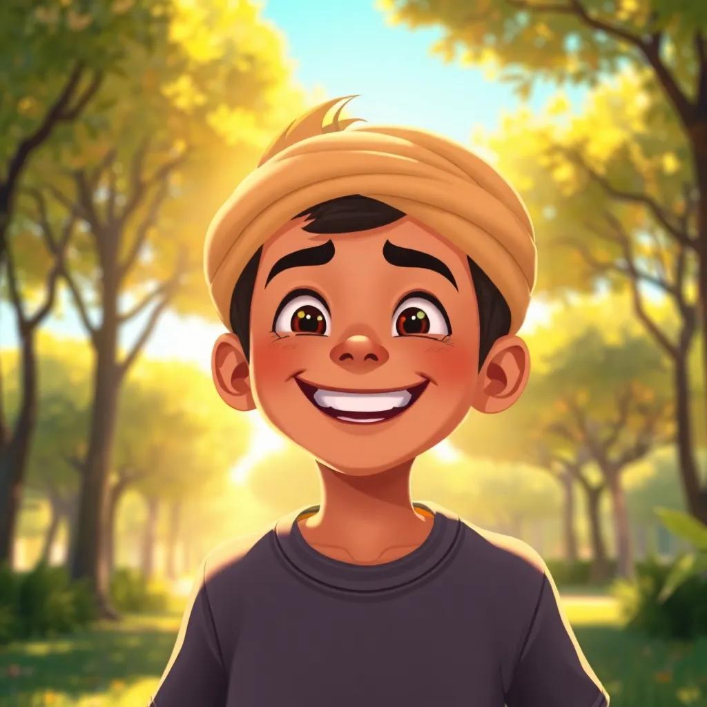 Ahmad, a young Arab boy, with a grin on his face, saying 'الشمس' with excitement, bright sunlight illuminating his face, surrounded by trees, lively park, cheerful atmosphere, illustration, warm colors, high detail