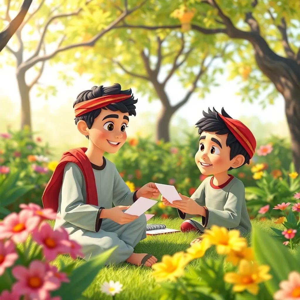 A young Arab boy, Ali, and his friend Ahmad, playing a letter game in a bright garden, surrounded by trees and flowers, colorful scene, vibrant mood, digital art, sunny, inviting