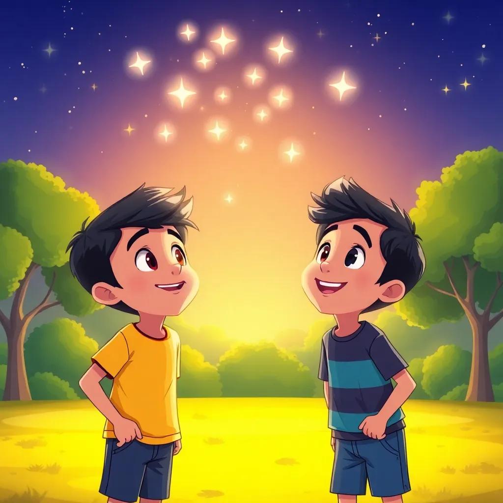 The two boys, Ali and Ahmad, enjoying their time in the park with sparkling stars appearing in the evening sky, looking up with excitement, cartoon style, bright colors, joyful atmosphere