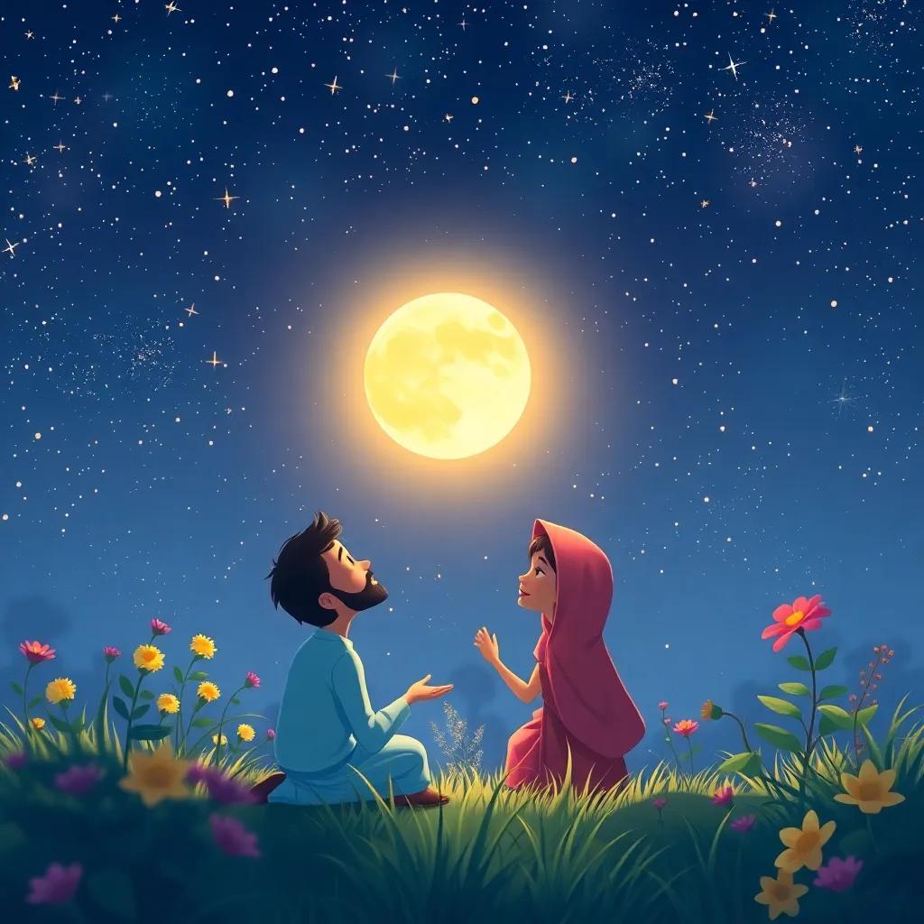 A beautiful starry night above Ali and Ahmad in the garden, with twinkling stars and a glowing moon, conveying a sense of wonder and joy, kid-friendly art, soft tones