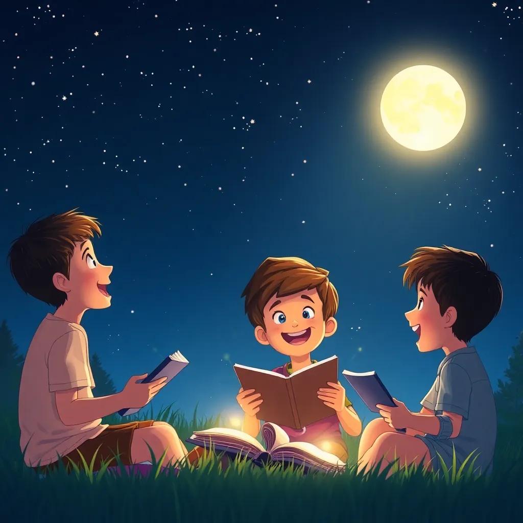 The boys excitedly discussing words under the starry sky, illuminated by the moonlight, with nature surrounding them, emotional warmth, inviting scene, friendly illustration
