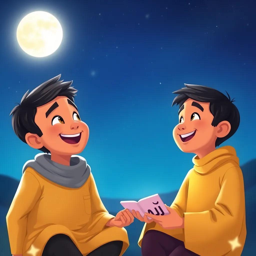 Ahmad and Ali smiling at each other, feeling happy about their new knowledge of letters, under the moonlight with a magical ambiance, child-friendly illustration, bright colors, uplifting imagery