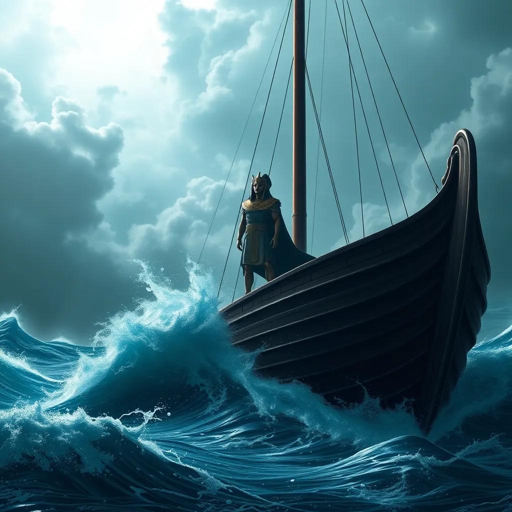 A dramatic scene of Pharaoh standing confidently on a grand ship in the middle of a stormy sea, large waves crashing around him, detailed digital art, dark clouds, turbulent ocean, high quality