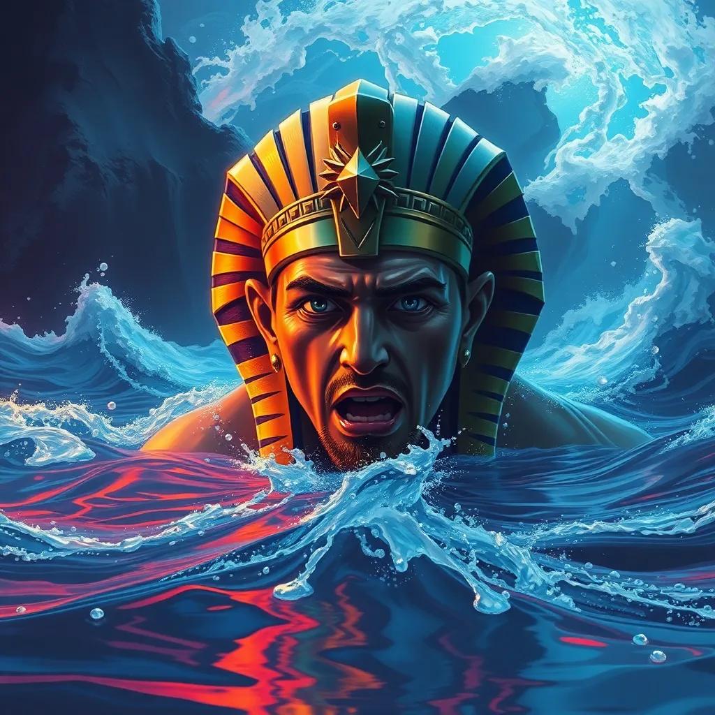 Pharaoh struggling in the water, looking fearful with water rising around him, waves crashing above, illustrating despair, vibrant colors, dramatic lighting, emotional intensity, high quality