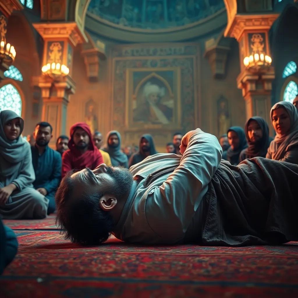 Imam Ali, a middle-aged Arab man with a beard, falling to the ground in a mosque, surrounded by worried and sad people, depicting a moment of deep sorrow, emotional scene, vibrant colors, heart-touching imagery, high quality