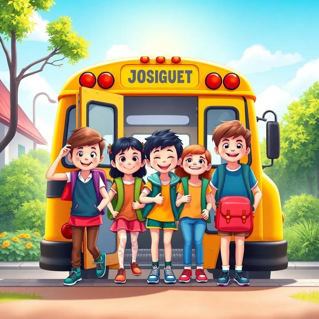 A bright morning scene with excited second-grade students boarding a colorful bus, happy faces, backpacks, school environment, digital art, cheerful atmosphere, high quality