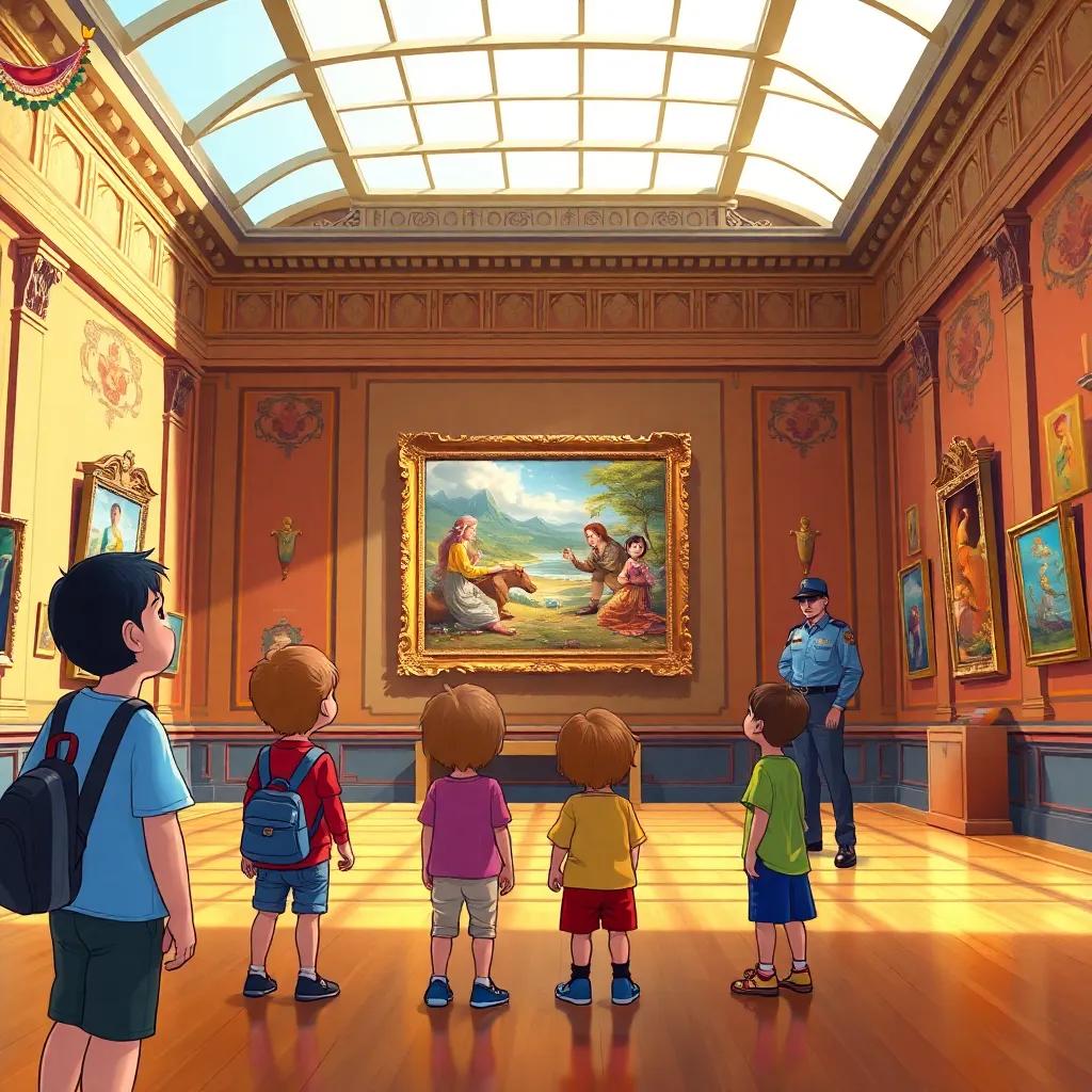 A grand museum interior with children looking at a beautiful painting on the wall, an anxious guard nearby, colorful decor, natural light streaming in, vibrant colors, digital illustration, child-friendly, warm feeling