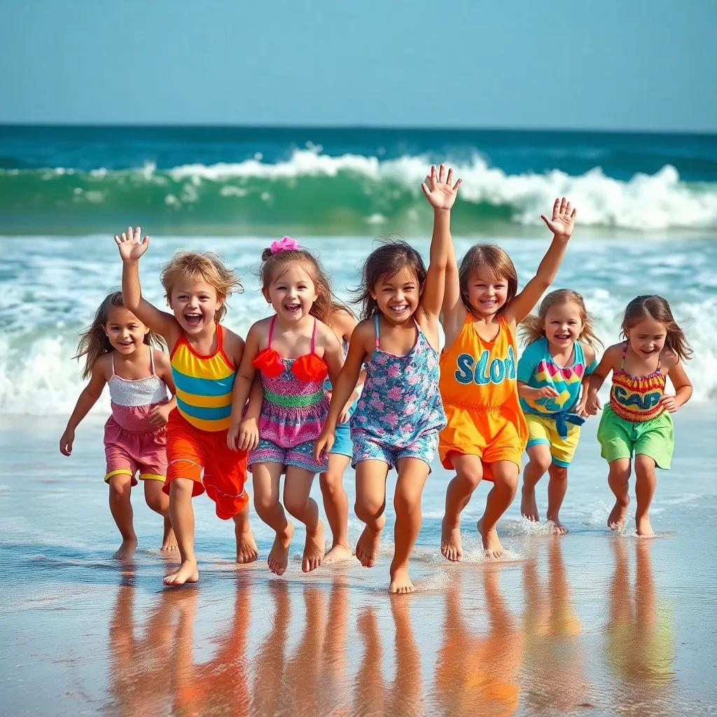 A group of excited children playing on the beach, wearing colorful summer clothes, with the ocean waves crashing behind them, digital art, bright summer colors, cheerful atmosphere, high quality
