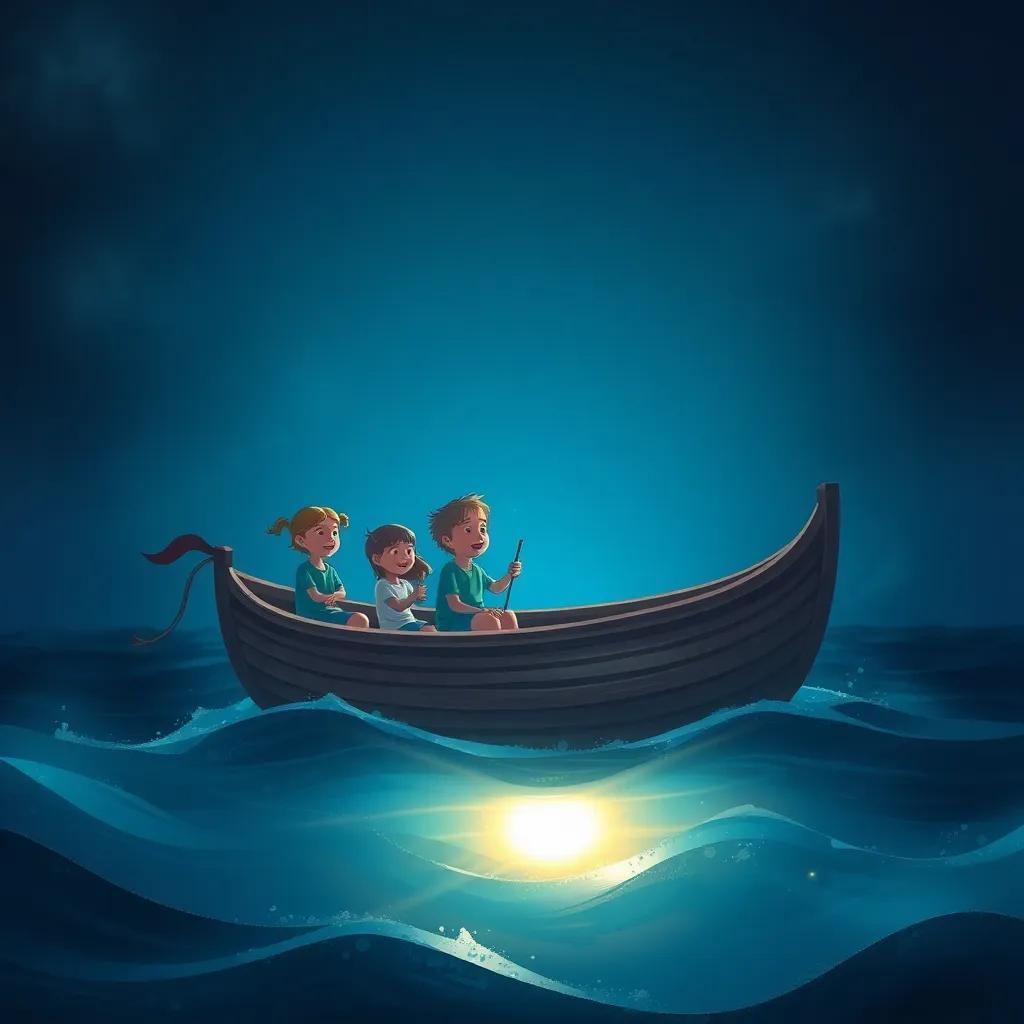 A small boat with children sailing through dark waters, with a mysterious glowing light under the sea, expressions of wonder and excitement on their faces, illustration, dramatic lighting, enchanting scene, high quality