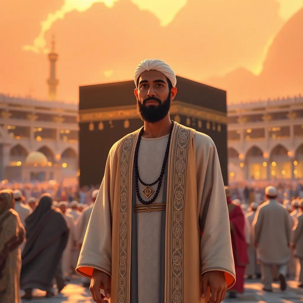 A majestic scene of the Prophet Muhammad in a beautiful robe, with a serene expression, standing amidst people during the Tawaf around the Kaaba, surrounded by a warm sunset light, intricate details, spiritual ambiance, high quality