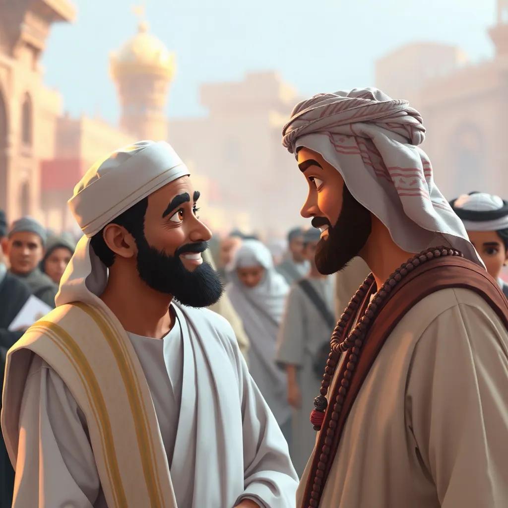 The Prophet Muhammad speaking kindly to the Arab man, who wears traditional Bedouin attire, with a respectful look, both surrounded by the hustle of pilgrims, digital art, soft colors, engaging atmosphere, high quality