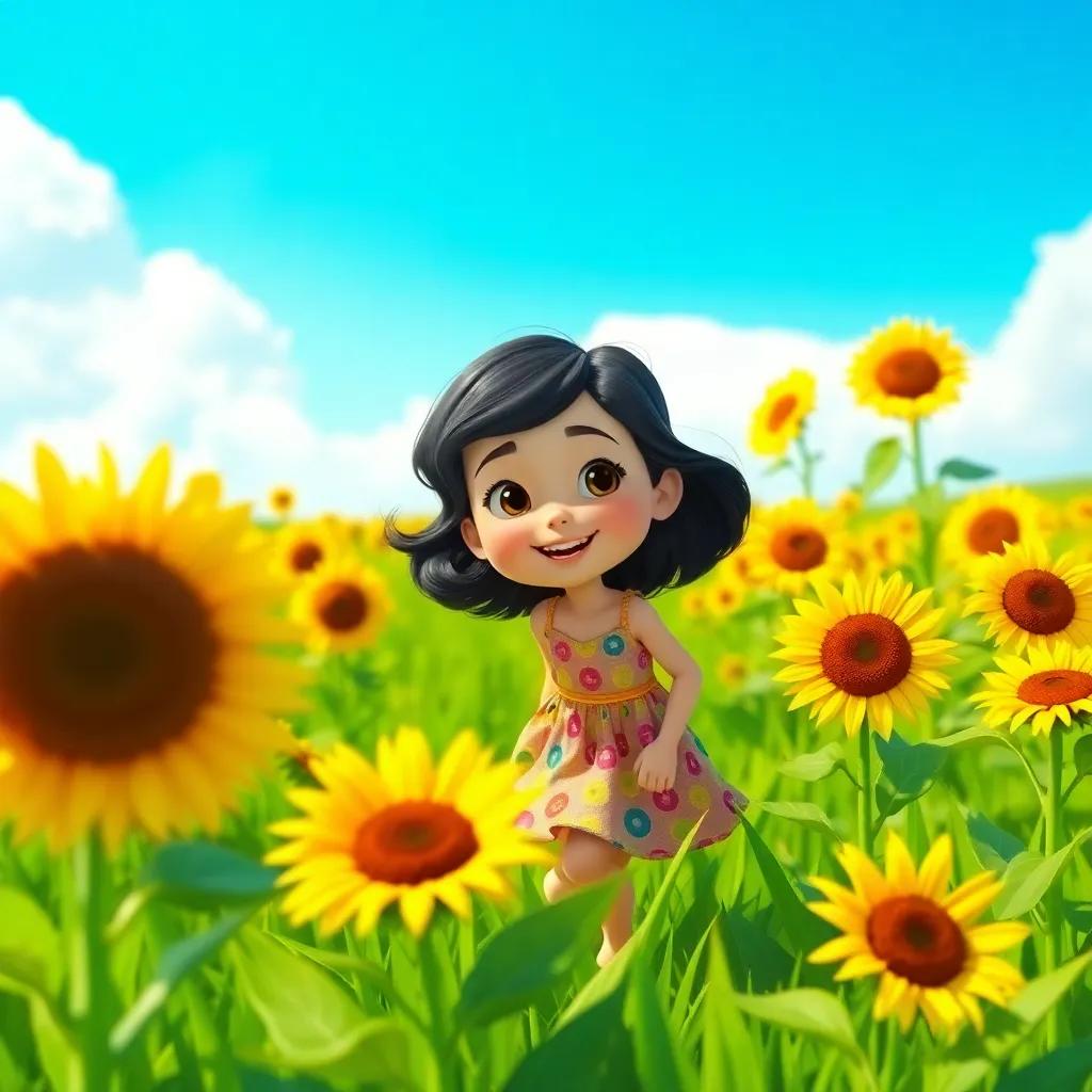 A sunny day with a young girl named Sara, with dark hair, wearing a colorful dress, playing in a green field, sunflowers around her, cheerful and bright atmosphere, digital art, vivid colors, playful mood, high quality