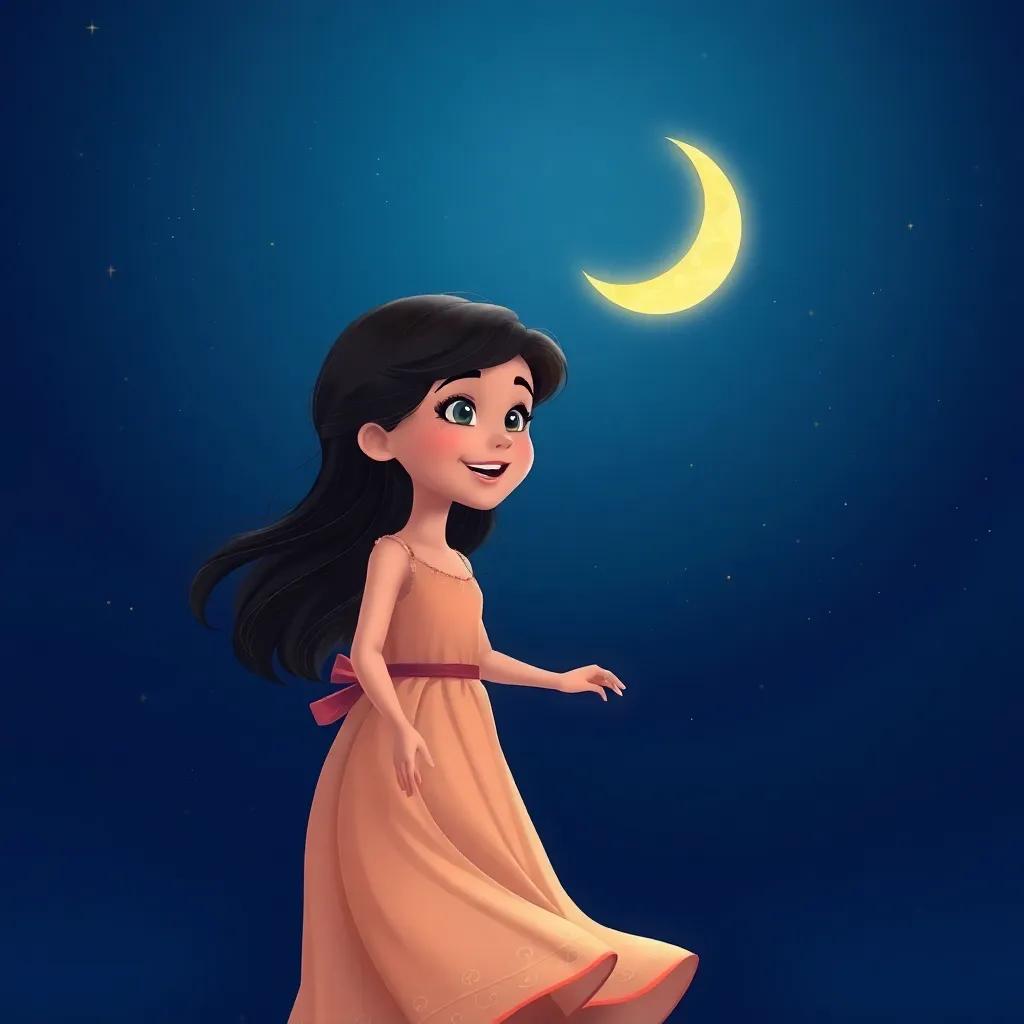 A night scene with a young girl named Sara, with dark hair in a beautiful dress, dancing joyfully under the moonlight, stars twinkling in the sky, a glowing crescent moon, magical and serene, illustration, lively colors, heartwarming ambiance, high quality