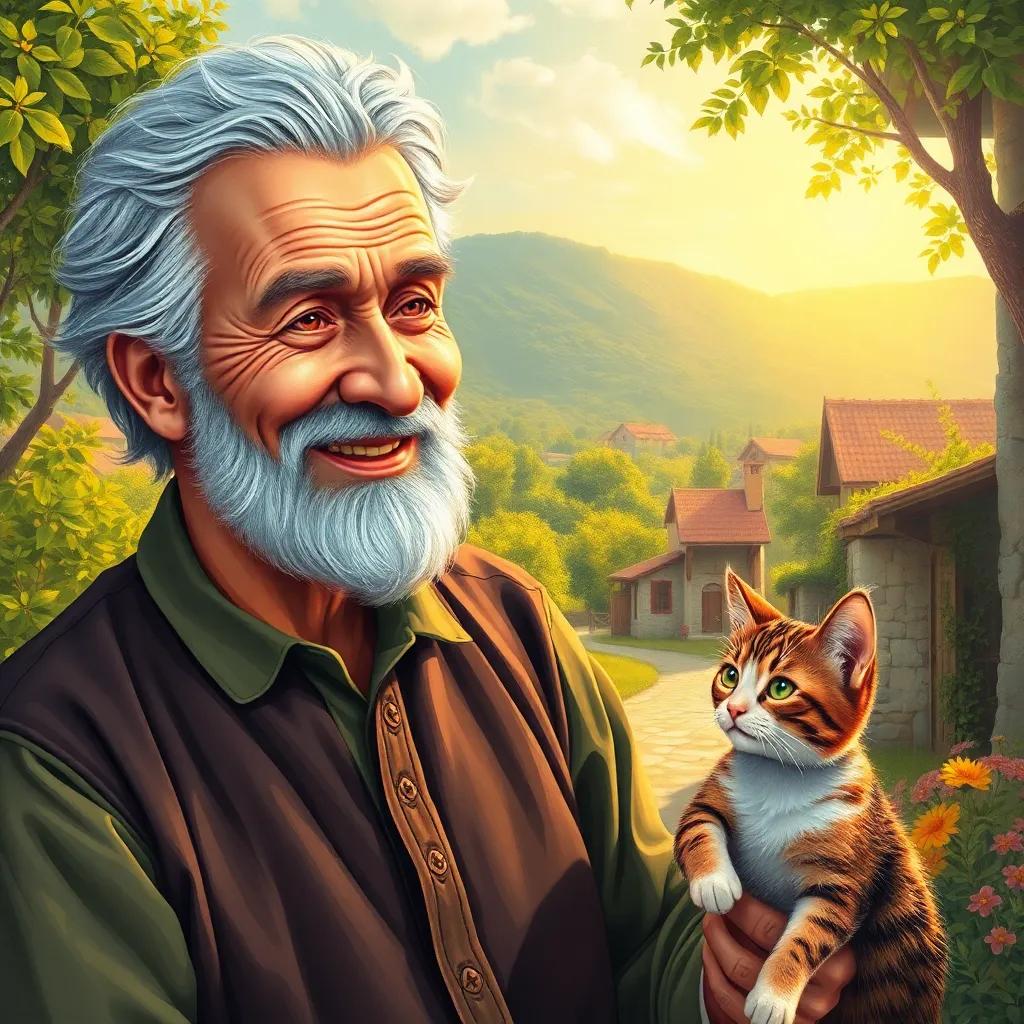 A cheerful old man, عمنا التمتير, with a kind face and gray beard, in traditional clothes, talking to a small cat named لولو, against a backdrop of a sunny village with green trees and flowers, vibrant colors, warm afternoon light, engaging atmosphere, high quality