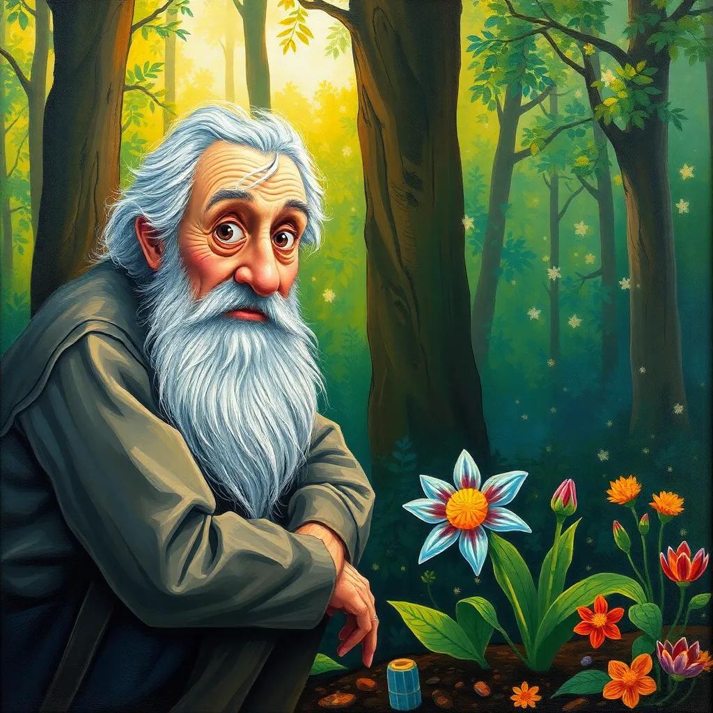An amazed old man, عمنا التمتير, with a kind face and gray beard, kneeling beside a bright and colorful flower in the forest, with sunlight filtering through the trees, fantastical, magical elements, child-friendly artwork