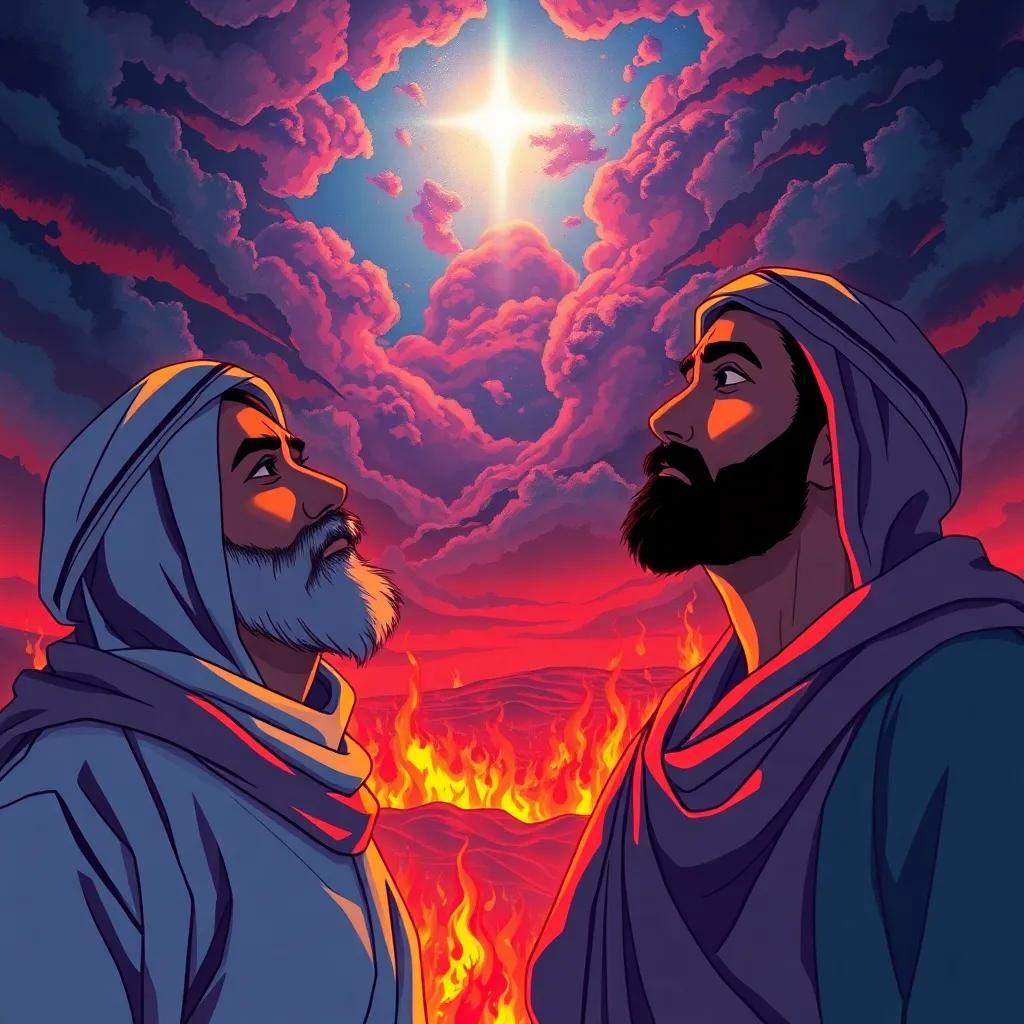 A scene of two sad Muslim men in a fiery landscape, looking towards the sky with hope, detailed illustration, vibrant colors, dramatic lighting, emotional atmosphere, high quality