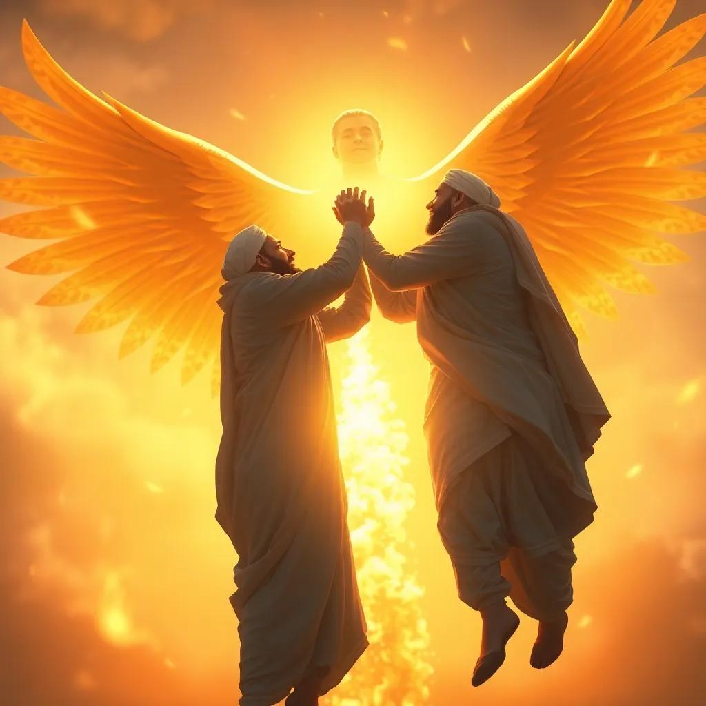 The two Muslim men being lifted by a golden angel, surrounded by bright light while the fire fades away in the background, digital art, uplifting, warm colors, heavenly atmosphere, joyfull moment