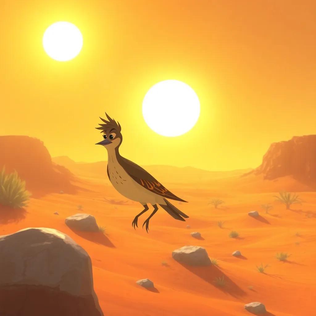 A sunny day in the dry region of Liyaah, with the sun shining brightly, and a tired crested lark flying low looking for shade, illustration, warm colors, arid landscape, high quality