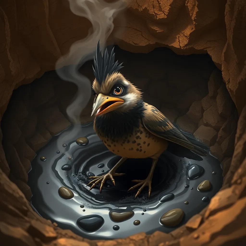 A crested lark struggling in a pit filled with black oil, with a light smoke rising up around her, looking distressed, illustration, detailed and realistic, warm tones, high quality