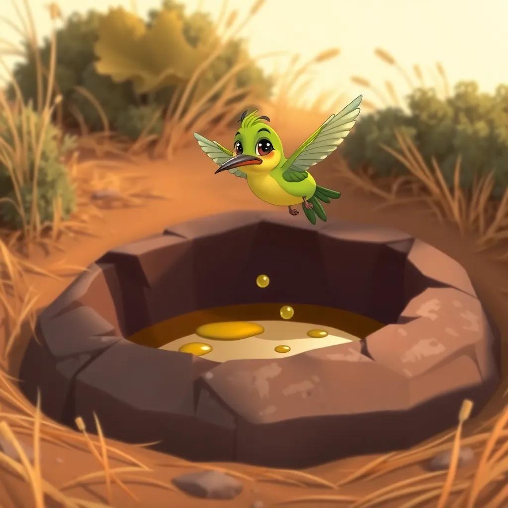 A green bee-eater bird hovering near a pit filled with oil, with a concerned expression, surrounded by dry grass and bushes, illustration, vibrant colors, warm setting, high quality