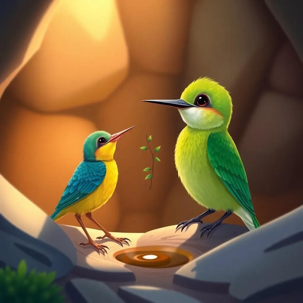 The green bee-eater talking to the lark, offering a small branch to help her out of the oily pit, both birds displaying distinct features, illustration, colorful, heartwarming, high quality