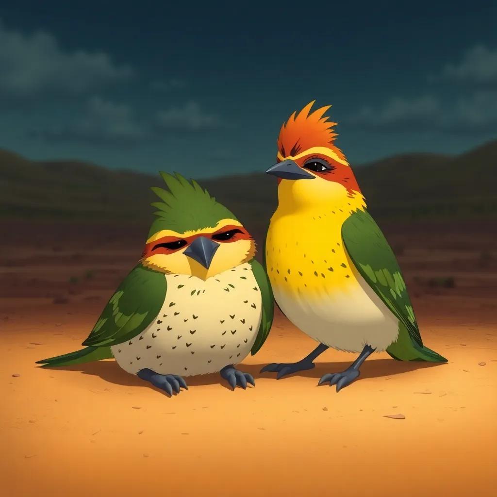The crested lark resting exhausted next to the green bee-eater, expressing her worries about the environment with a solemn expression, in the background a barren landscape, illustration, rich colors, emotional tone, high quality
