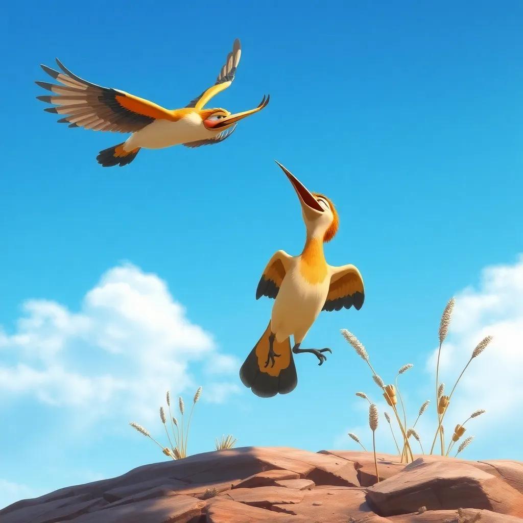 A blue sky with a loud cry of a hoopoe bird circling above, joy in his eyes as he prepares to land, with a rocky surface and dry plants below, illustration, bright colors, dynamic pose, high quality