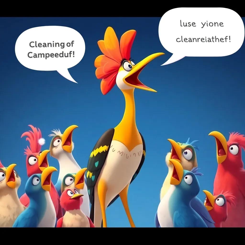 The hoopoe bird sharing exciting news about the cleaning campaign, surrounded by other birds, birds with expressions of disbelief and hope, illustration, vibrant, cheerful atmosphere, high quality