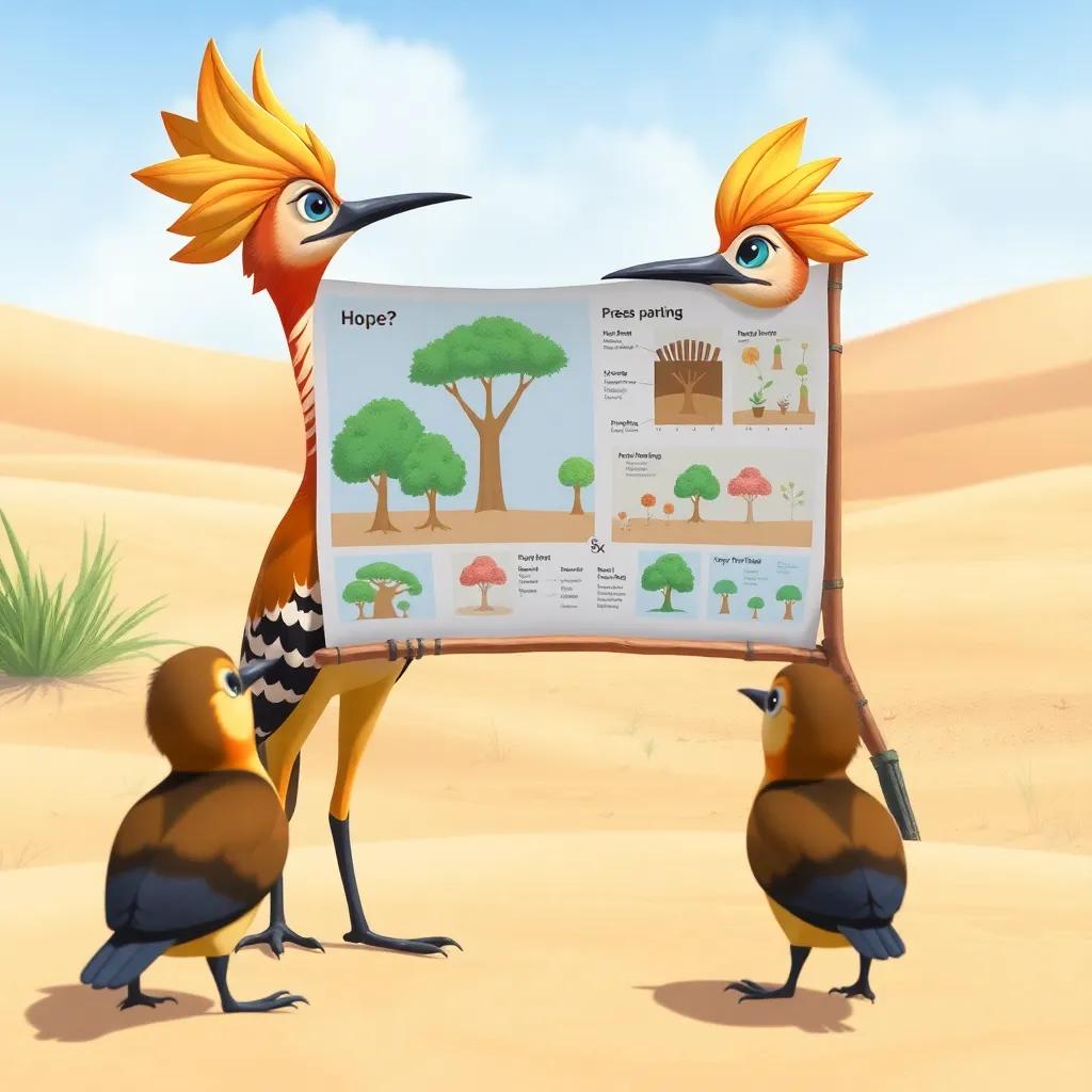 The hoopoe presenting a plan with images of trees and plants being planted in a sandy area, birds listening attentively with hope in their eyes, illustration, colorful, engaging view, high quality
