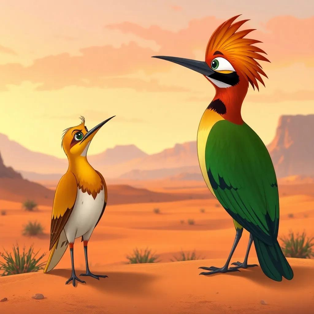 The lark asking the hoopoe about the viability of the plan, with the bee-eater looking apprehensive, a mystical desert landscape behind them, illustration, warm colors, inquisitive tone, high quality