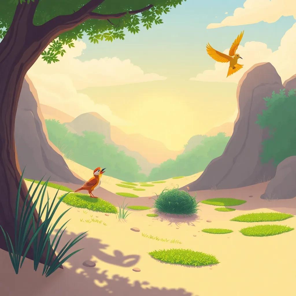 A lush scene depicting the transformation of Liyaah with green patches among sands, the lark singing happily on a small bush, and the hoopoe flying joyfully overhead, illustration, bright and vibrant, celebrating life, high quality