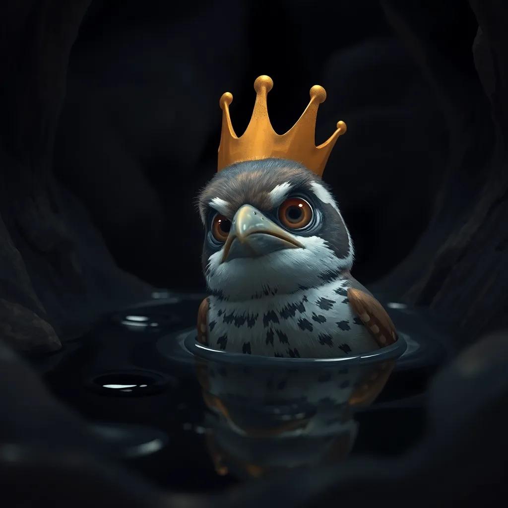 A close-up of a crowned lark stuck in a pit filled with thick black oil, looking worried and desperate, digital painting, dark colors, dramatic lighting, focused perspective, high quality