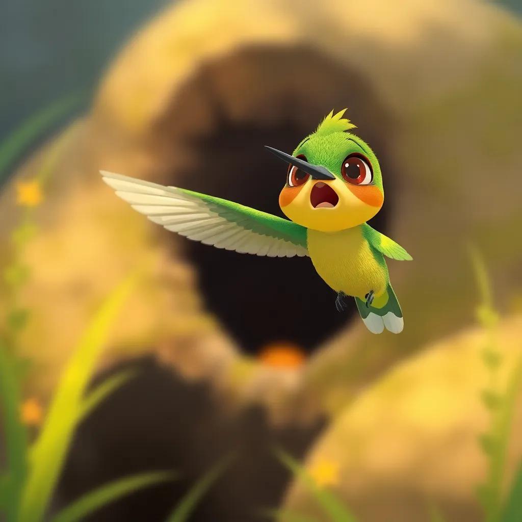 A green bee-eater flying gracefully towards the pit, showed concern in its eyes, digital illustration, vibrant colors, cheerful atmosphere, child-friendly, detailed