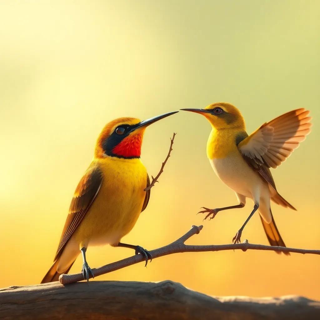 The bee-eater offering a small twig to the lark, with the lark’s wing stuck, both birds depicted in warm sunlight, digital art, close-up view, friendly atmosphere, high quality