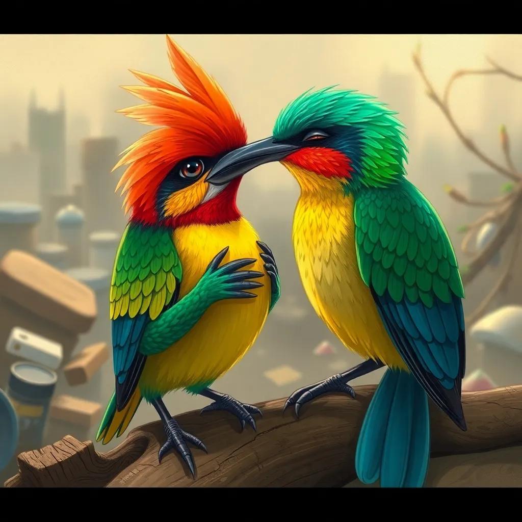 The bee-eater comforting the lark, both creatures sharing an emotional moment, set against the backdrop of a polluted environment, illustration, detailed, vibrant colors, high quality